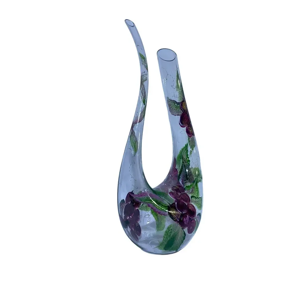 Hand Painted Floral Wine Decanter by NEX Glass Artist Signed 13 Inch Tall